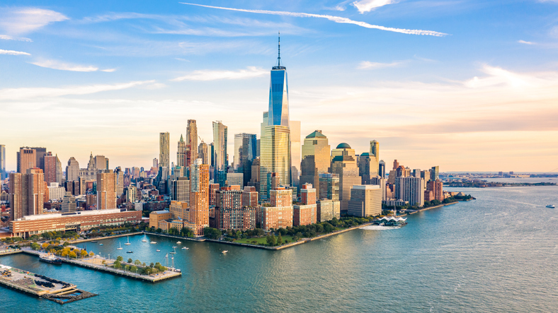 Aerial view of Lower Manhattan skyscrapers